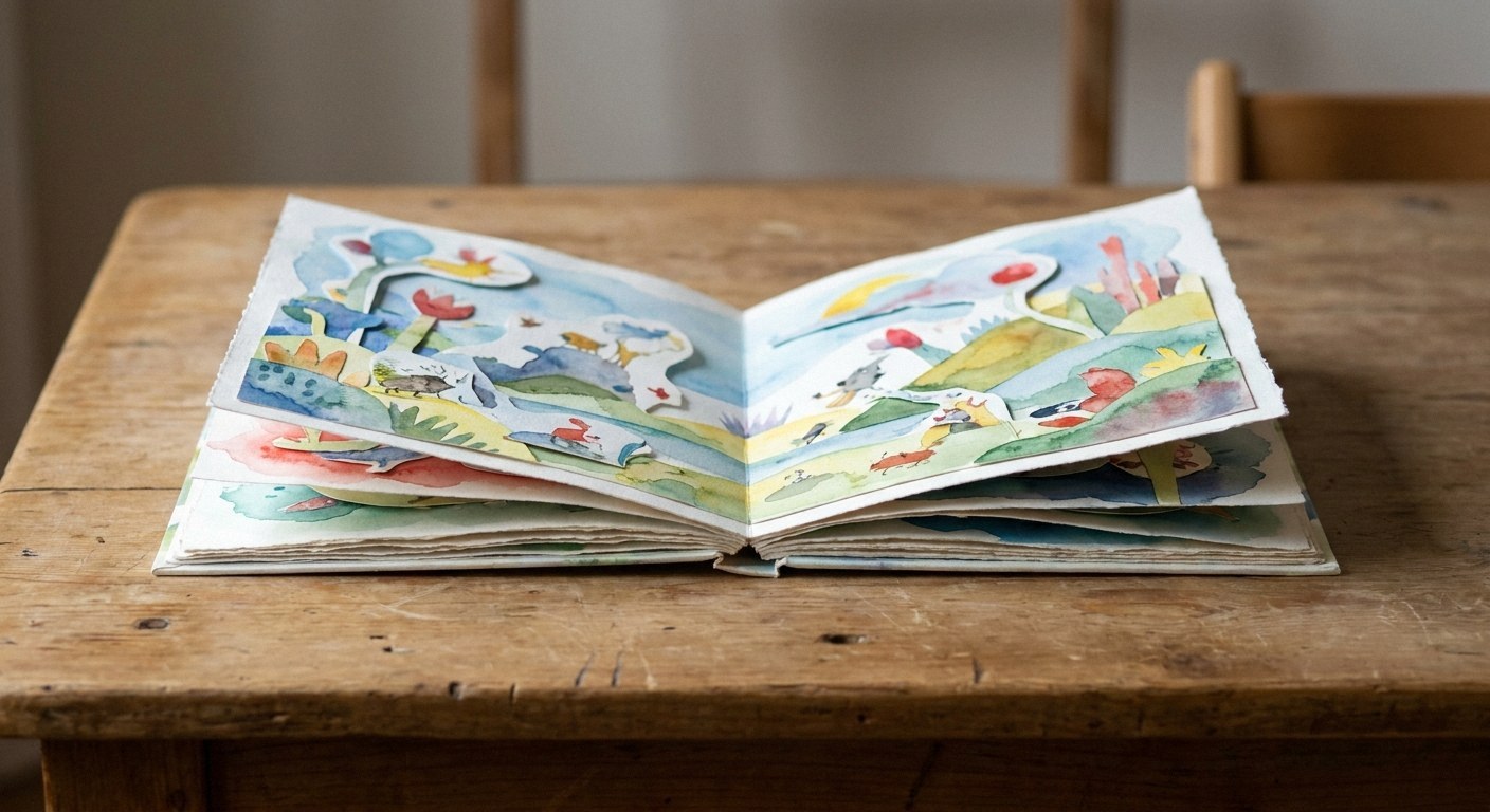 An open book on a wooden table displaying watercolor collage illustrations with paper cutouts forming a whimsical