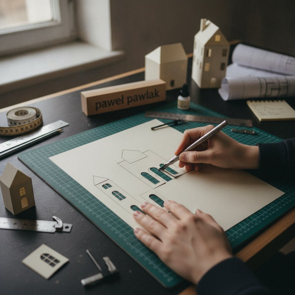 Hands use a craft knife to cut paper shapes on a green mat. A block reads 'paweł pawlak'. Small paper houses and rulers