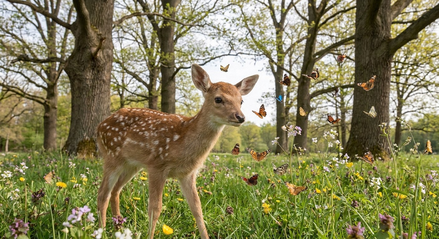 A young spotted fawn stands in a grassy meadow filled with wildflowers. Numerous butterflies hover around its face