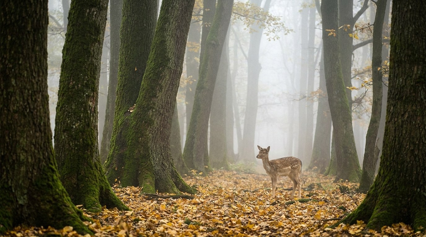 A young deer stands in an autumn forest among tall, moss-covered tree trunks. The ground is carpeted with dry yellow