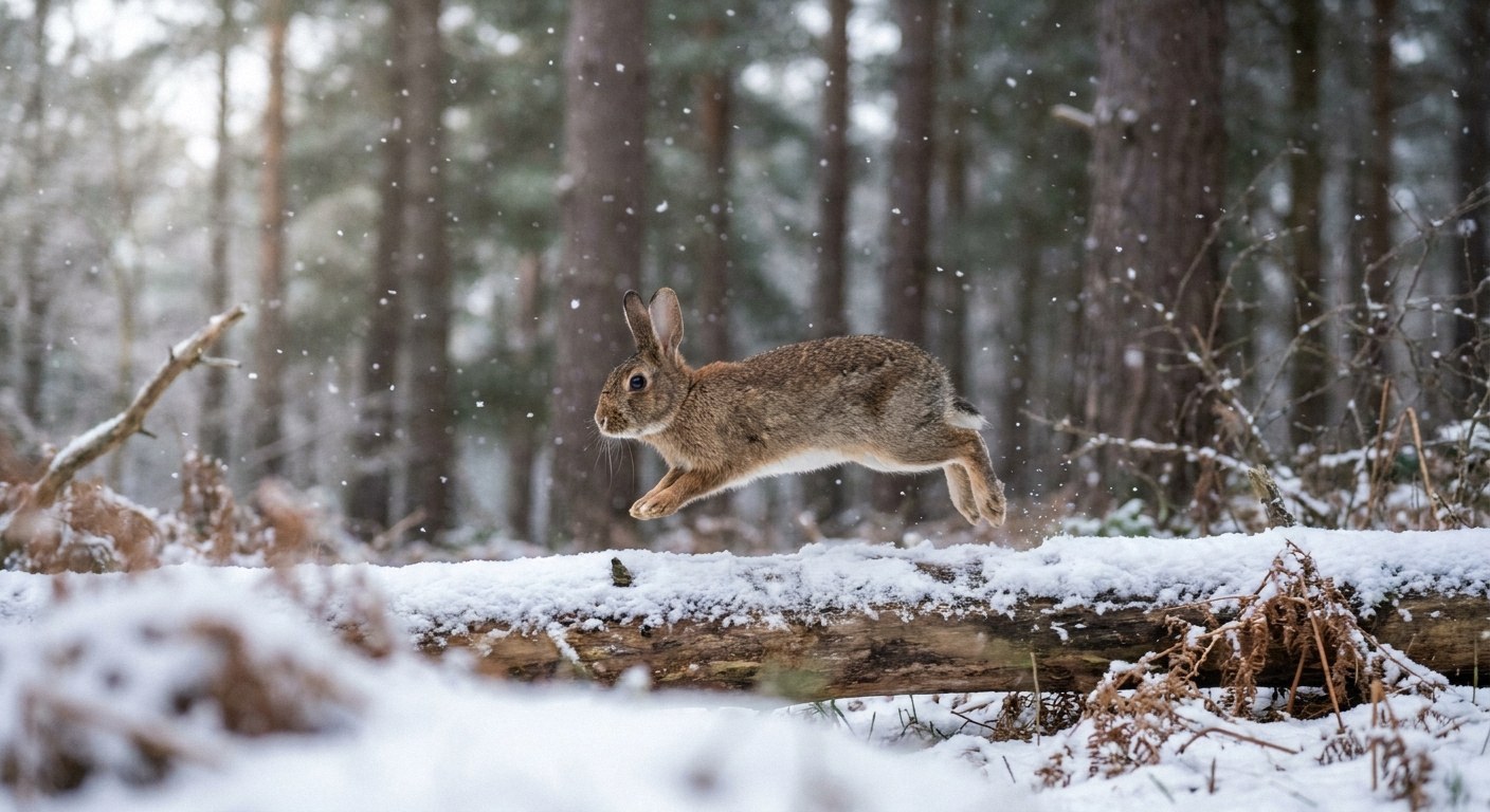 A brown rabbit leaps mid-air over a snow-covered fallen log in a forest. Snowflakes are falling, and the background