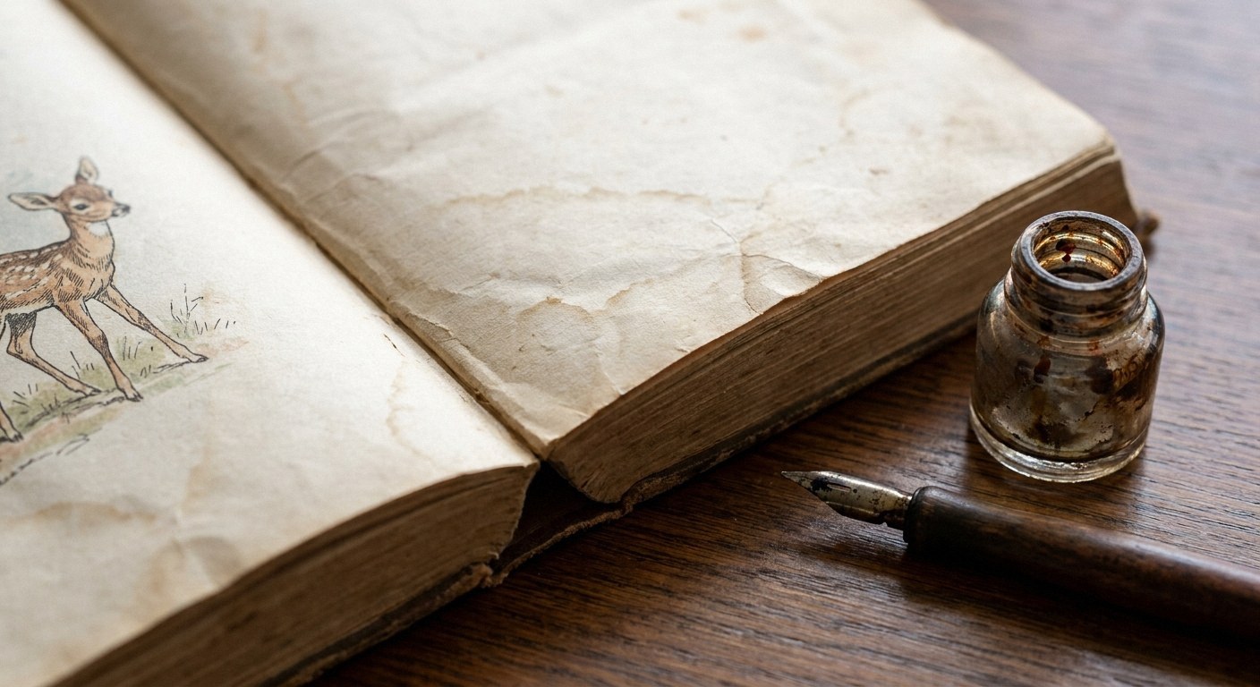 Open vintage book with a fawn drawing, inkwell, and pen on a wooden desk